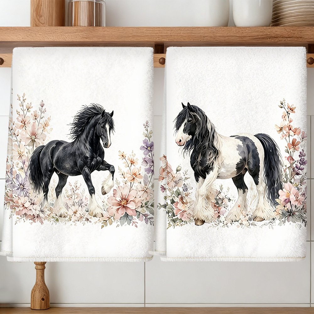 TEMU 2pcs Horse-themed Microfiber Kitchen Towels Suitable For Cleaning, Soft Absorbent Dish Cloths With Watercolor Horse, Decorative
