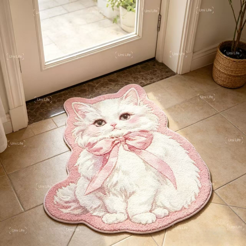 TEMU Faux Cashmere 900g 1pc Sweet Pink Living Room Creative Carpet Bow Cat Bedroom Decor Bedside Rug Cute Irregular Home Irregular Shape Fluffy Soft
