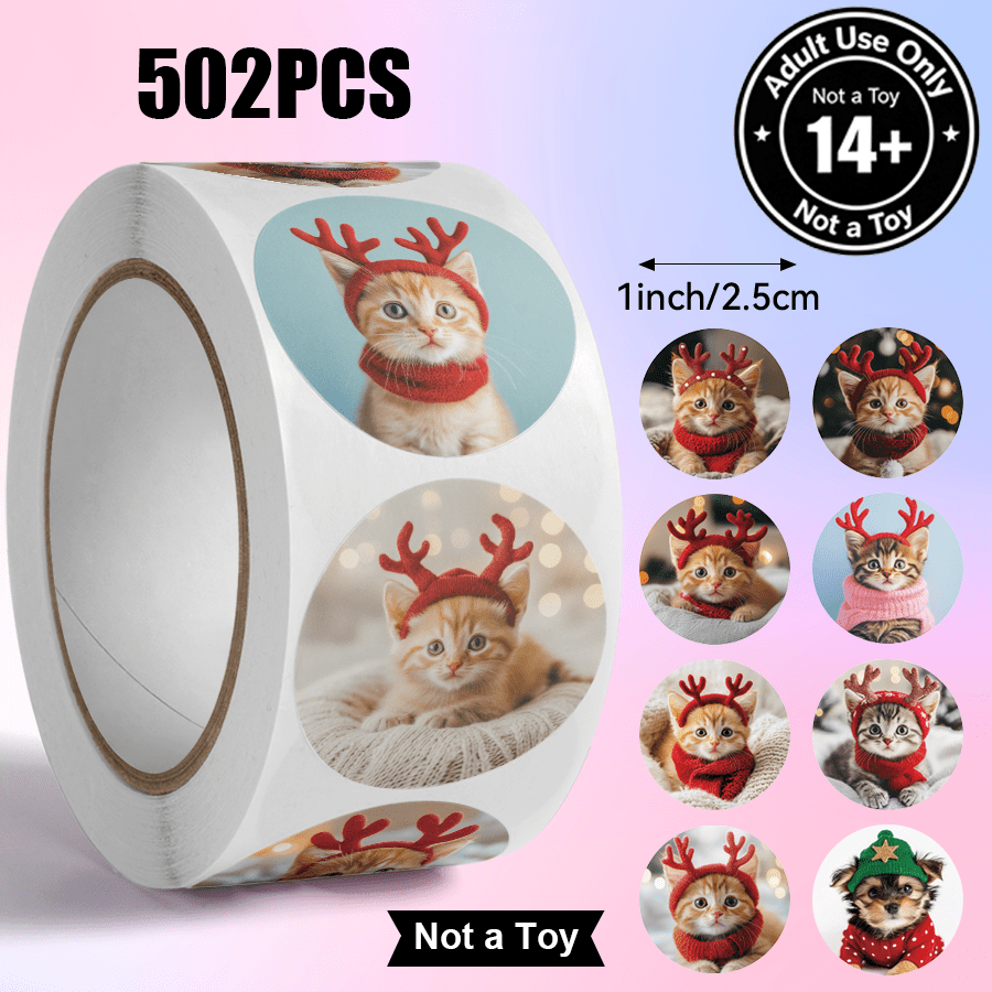 TEMU 502pcs/roll Round Gift Packaging Sealing Stickers, Self-adhesive Envelope Closure Labels, 10 Styles Of Christmas Element Cat Patterns, Christmas