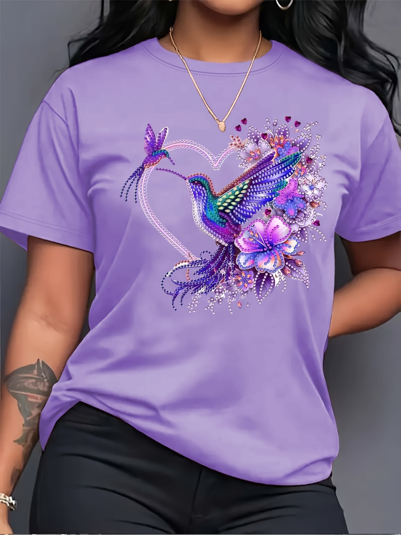 womens casual short sleeve round neck t shirt vibrant hummingbird and floral print breathable   stretch fabric washable suitable spring summer and transition   season comfortable wear durable printed shirt comfortab