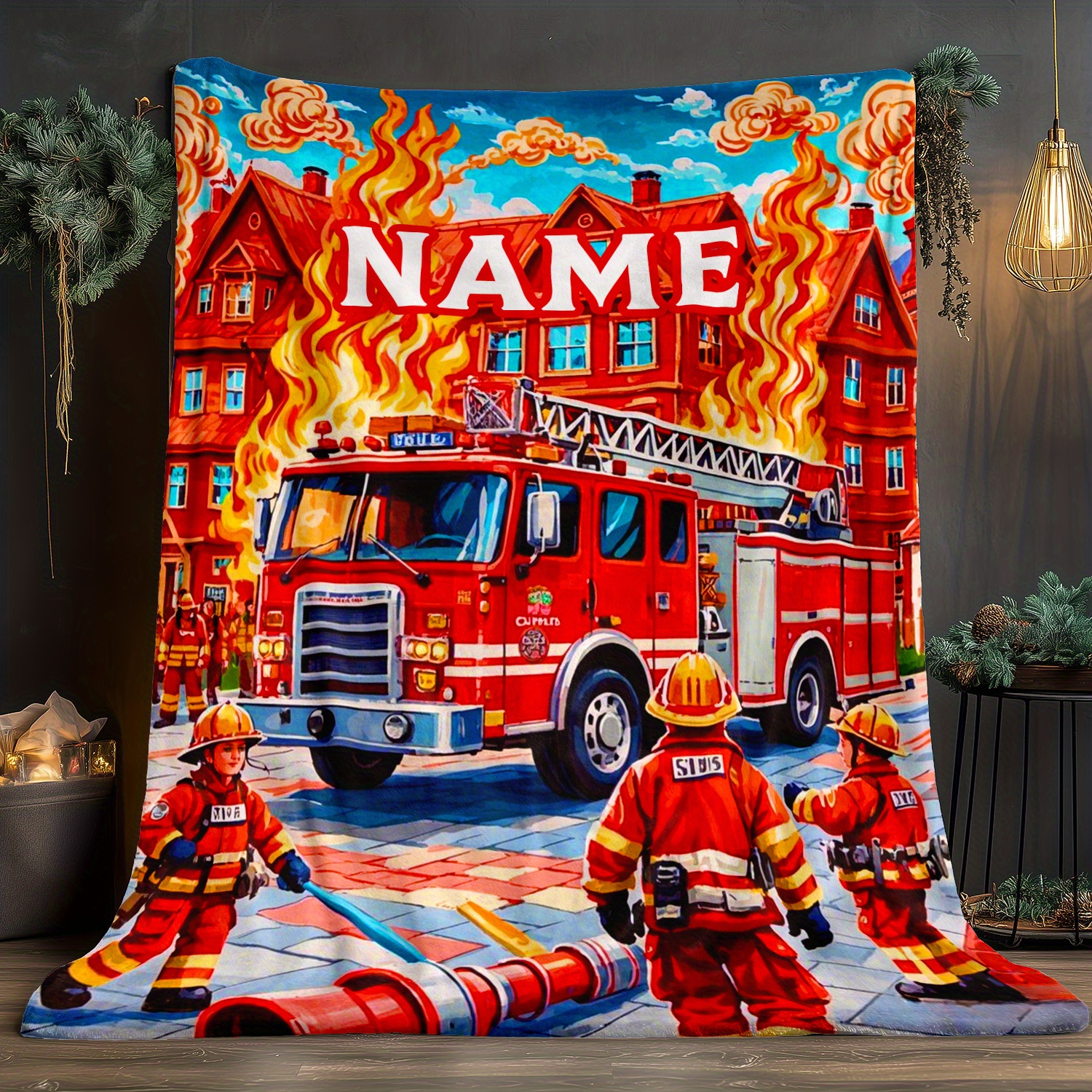 TEMU Custom Name Cartoon Fire Trucks And Firefighters Soft And Portable Blanket- Lightweight Flannel Throw For Sofa, Camping, Livingroom, Office,