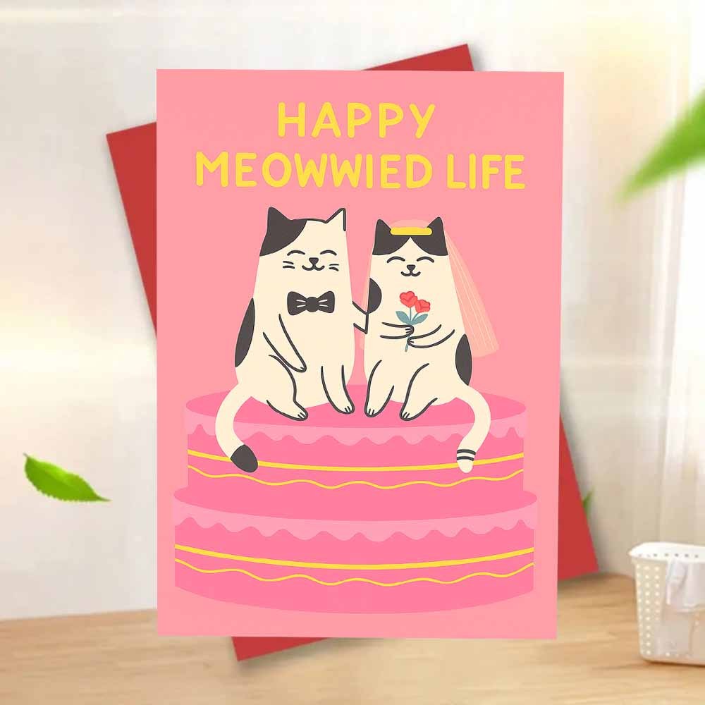 TEMU A Single Happy Meowwied Featuring A Cat Wedding Cake Design, Complete With An Envelope. This Adorable Illustration Of A Feline Bride And Groom