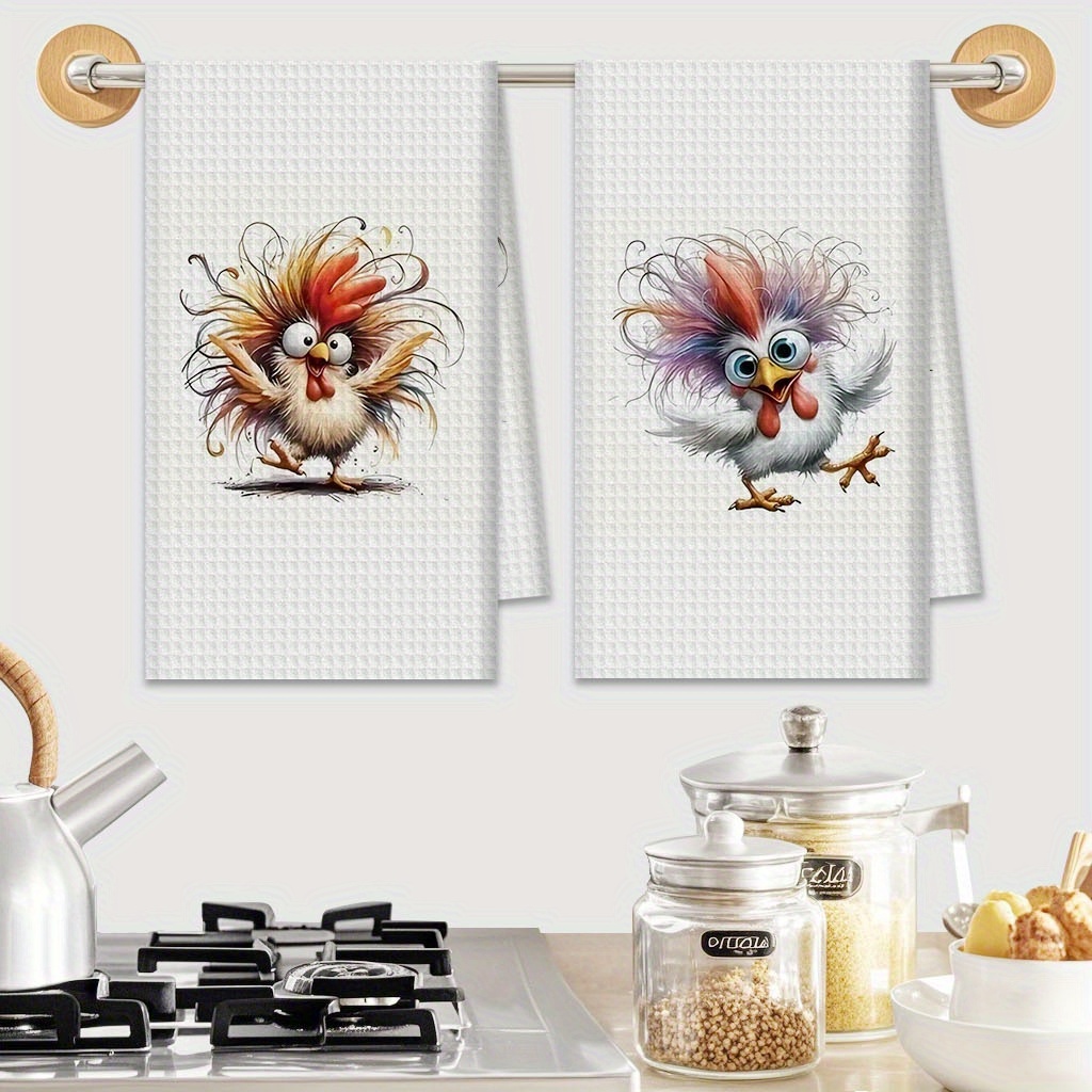 TEMU Cleaning Cloth 2pcs Kitchen Towel Set With Funny Chicken Design, Vivid Cartoon Chicken Illustration, Durable Hand Towels For Home Decor And
