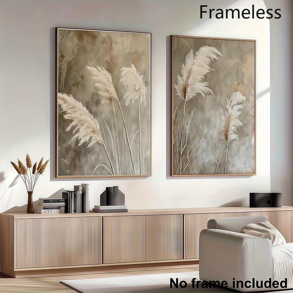 TEMU 2d Flat, 2d Flat, 2d Flat 2pcs, 2d Frameless Canvas Art, Living Room Decor Set Of 2, Pampas Grass Abstract Wall Art White Beige Poster Print