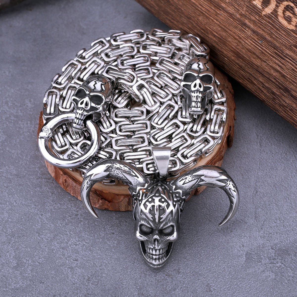 Image of Goth Clown Skull Pendant With Skull Square Necklace Men's Vintage Hip Hop Biker Pendant Necklace Punk Fashion Male Jewelry Gift