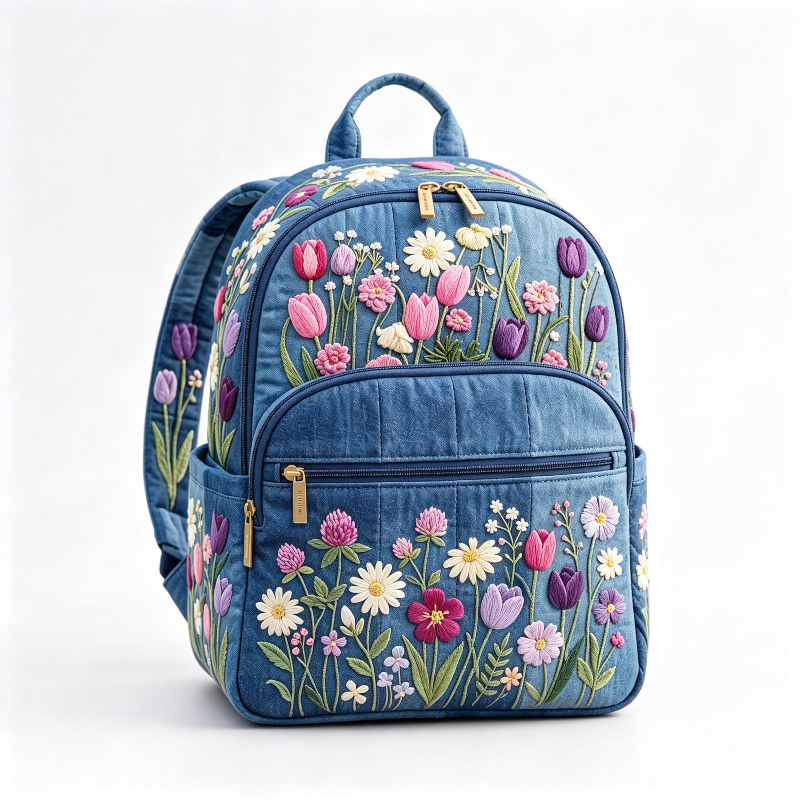 Vintage Backpack With 3d Embossed Daisy Floral Pattern, Multi-zipper Pocket Casual Daypack, Nature Botanical Embroidery Design Lightweight Bookbag For School Outdoor Use