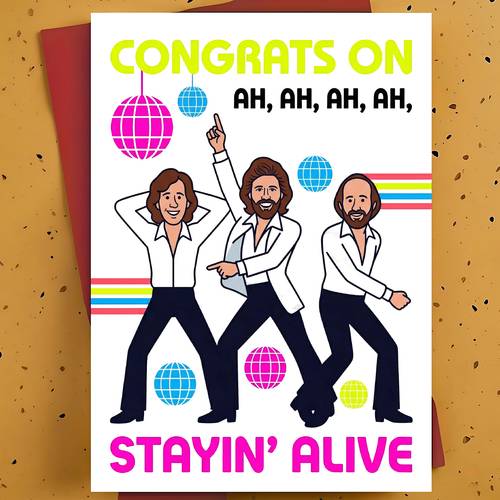 a humorous gift card for friends and colleagues celebrating birthdays graduations or recoveries featuring a 70s disco theme and a design