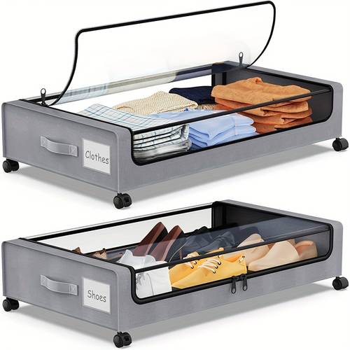 2 pack 1 pack bed under storage box with wheels extra large capacity 15 85 gallon clear lid metal drawer modern oxford fabric organizer for clothes shoes multi purpose rolling storage solution clear window design