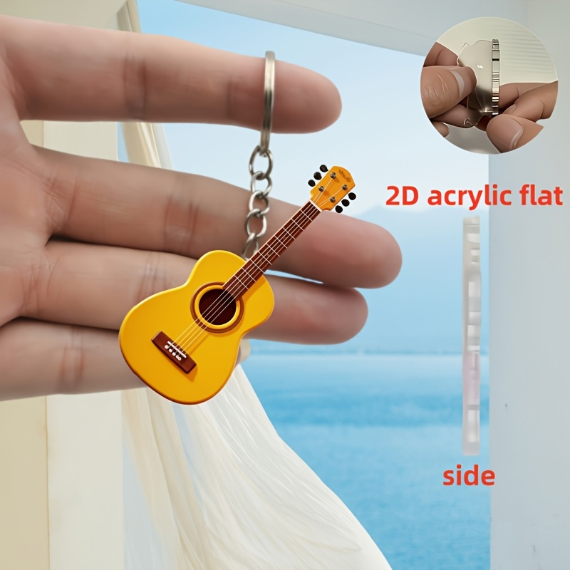 TEMU [2d Flat] [2d Flat] Retro Guitar Keychain - 2d Acrylic Flat Lightweight Durable Rock Ring, For Music Lovers, Band Merchandise Additions And