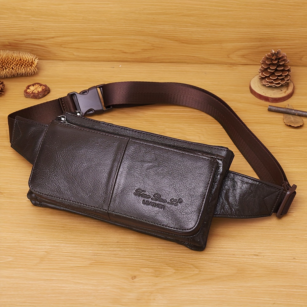 Image of Cross-border Men's Vintage Genuine Leather Waist Bag, Multifunctional Genuine Leather Crossbody Chest Bag For Outdoor Sports Phone.