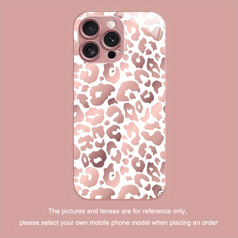 TEMU Phone Case - Base Pink Leopard Print Metallic Paint Tempered Glass Phone Case For Iphone 16/16 Pro/16 Plus/16 Pro Max/ Pro/15 Pro Max/14/14