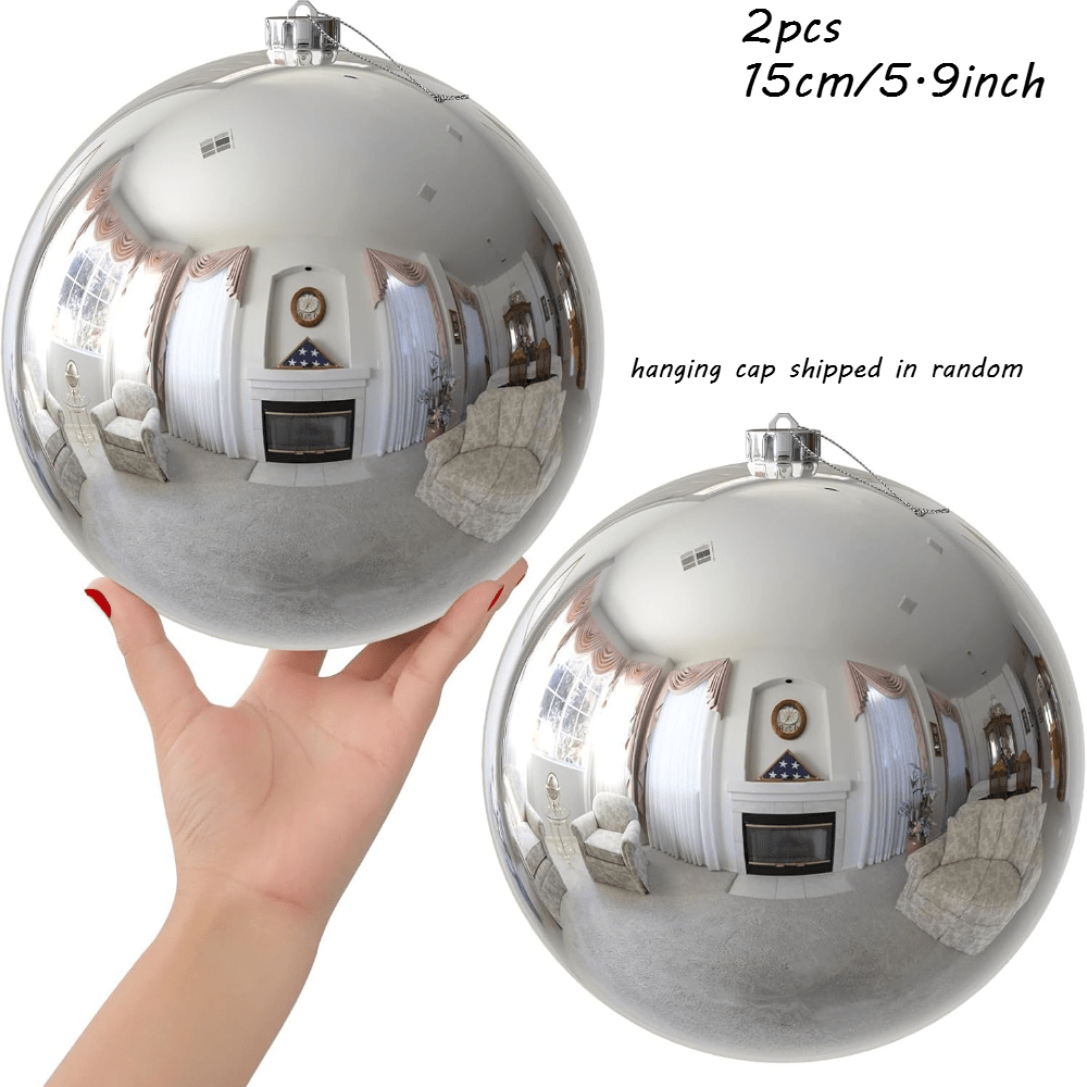 TEMU 2pcs, Grande décoration de sommet d'arbre de Noël argentée de 6 pouces/15 cm - Ornement de boule en plastique avec bonnet/anneau à suspendre,