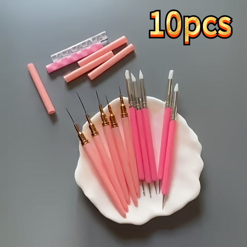 Image of 10pcs/(5 Nail Brushes& 5 Nail Art Dotting Pens)| Double , Suitable For Gel Nail Art, Thin Stripes And Dots, Nylon Bristles, Abs Handle