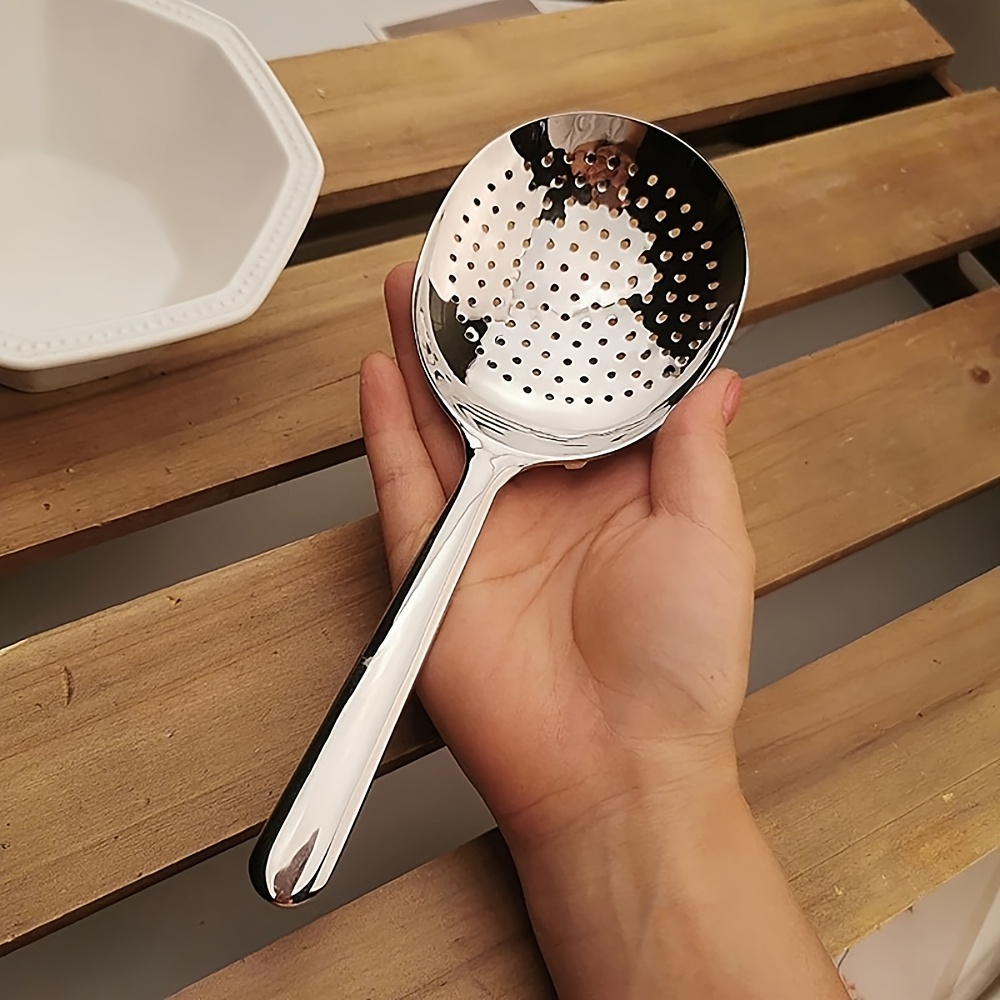 Juego de 2 cucharas de servir de acero inoxidable, aptas para uso comercial y doméstico, con un tamaño grande y función de orificio de drenaje, mango corto resistente al calor para suministros de restaurante