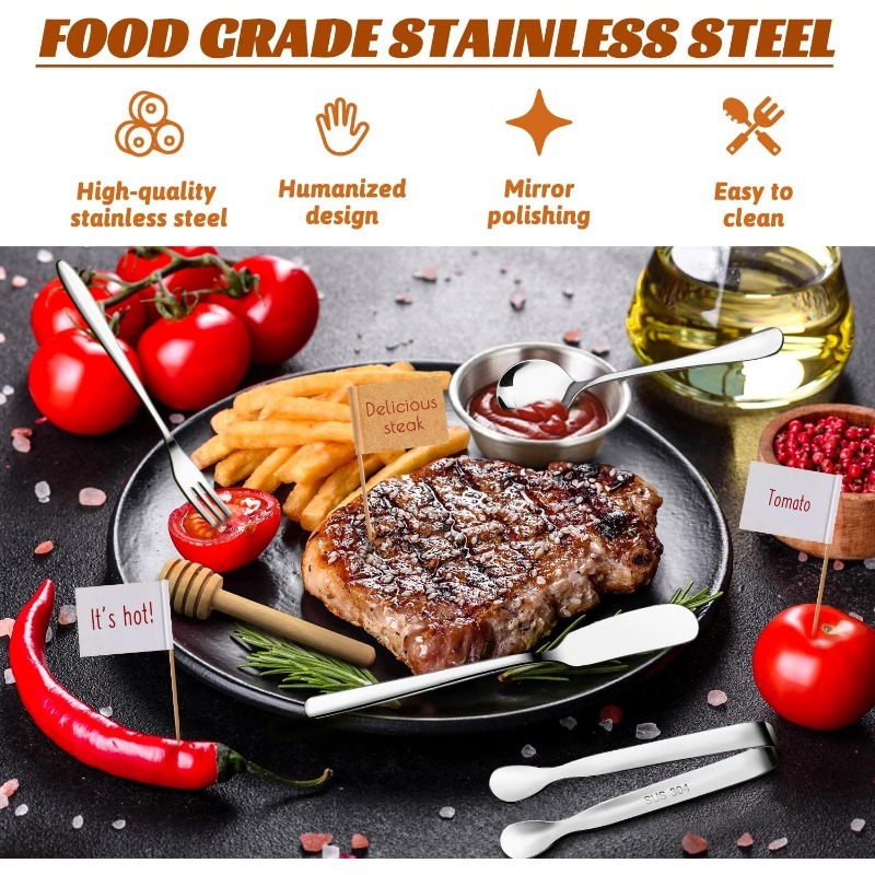 stainless steel knife fork and spoon set cheese and butter spreading knife set with cutting board   cutlery toothpicks and flags suitable for outdoor   and pastry making Product details 1