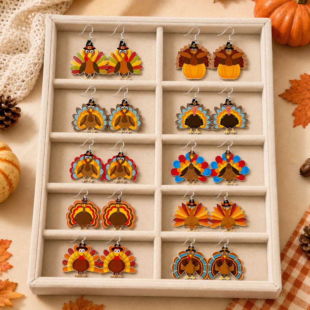 TEMU 20pcs/10-pair Women's Thanksgiving Turkey Earring Set, Autumn Holiday Dangle Earrings, Suitable For Thanksgiving Parties, Holiday Celebration