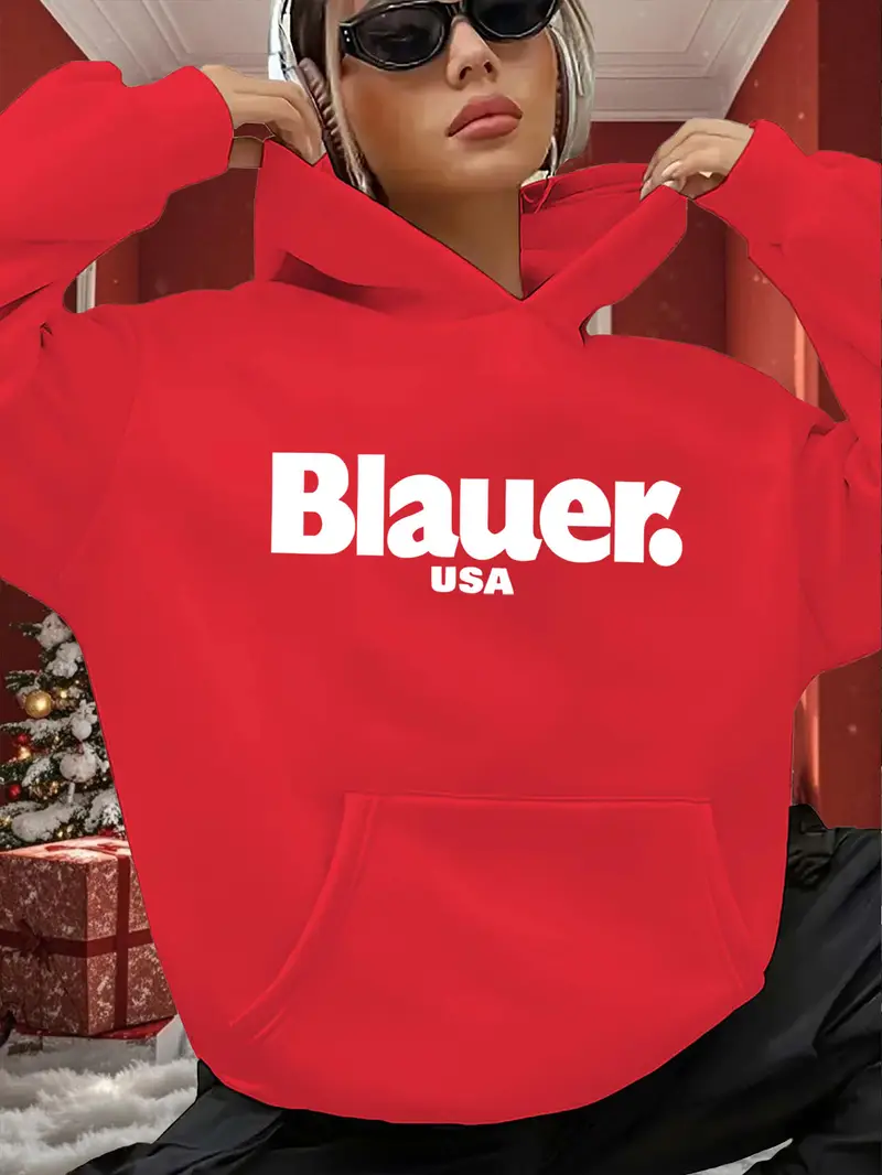 Red Women's Oversized Pink Hooded Sweatshirt with Bold White Blauer USA Print
