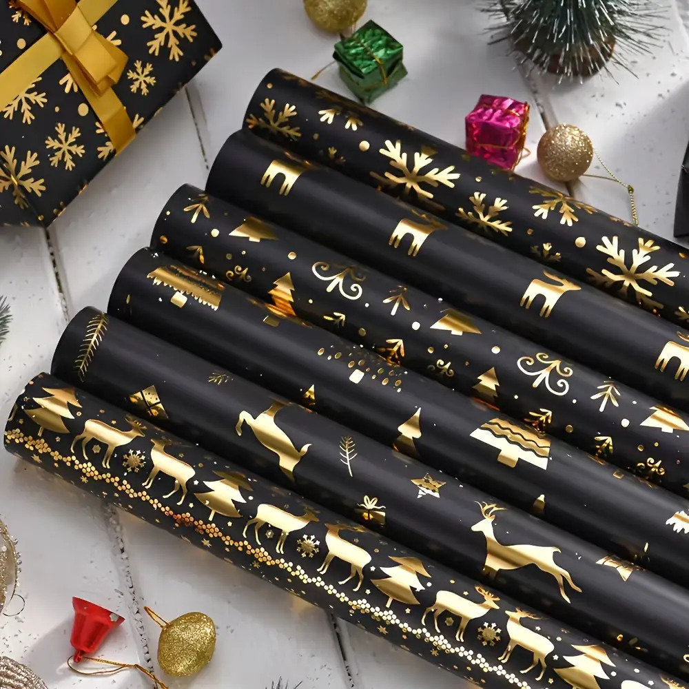 TEMU 50x70cm/0.43x3m per rol kerst inpakpapier - Gouden en zwarte rendieren, kerstboom en sneeuwvlokpatronen, geschikt voor feestdagcadeaus,