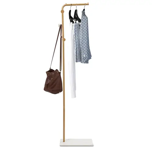 67 golden l shaped clothing rack with storage base round hooks freestanding organizer for coats bags hats and shoes in entryway or bedroom accessory holder decor design clothes organizer storage