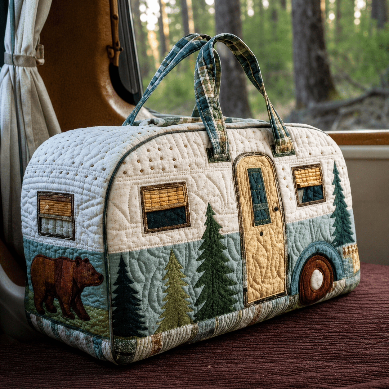 TEMU Vintage Camping Quilted Hand-held Travel Bag Print Handle, Cute Rv Large Capacity Short Distance Luggage Bag Suitable For Forest Lovers,