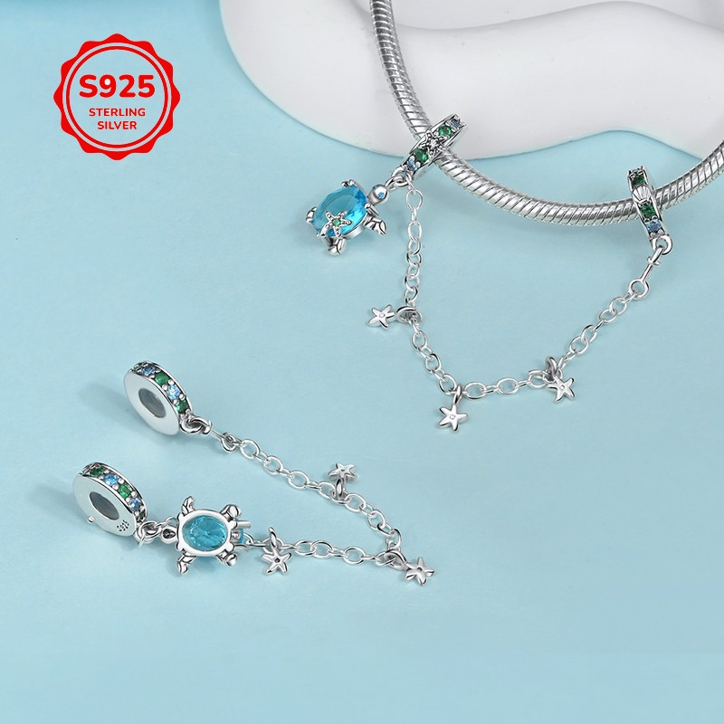 Women's S925 Silver Shell Starfish Sea Turtle Safety Chain Charm