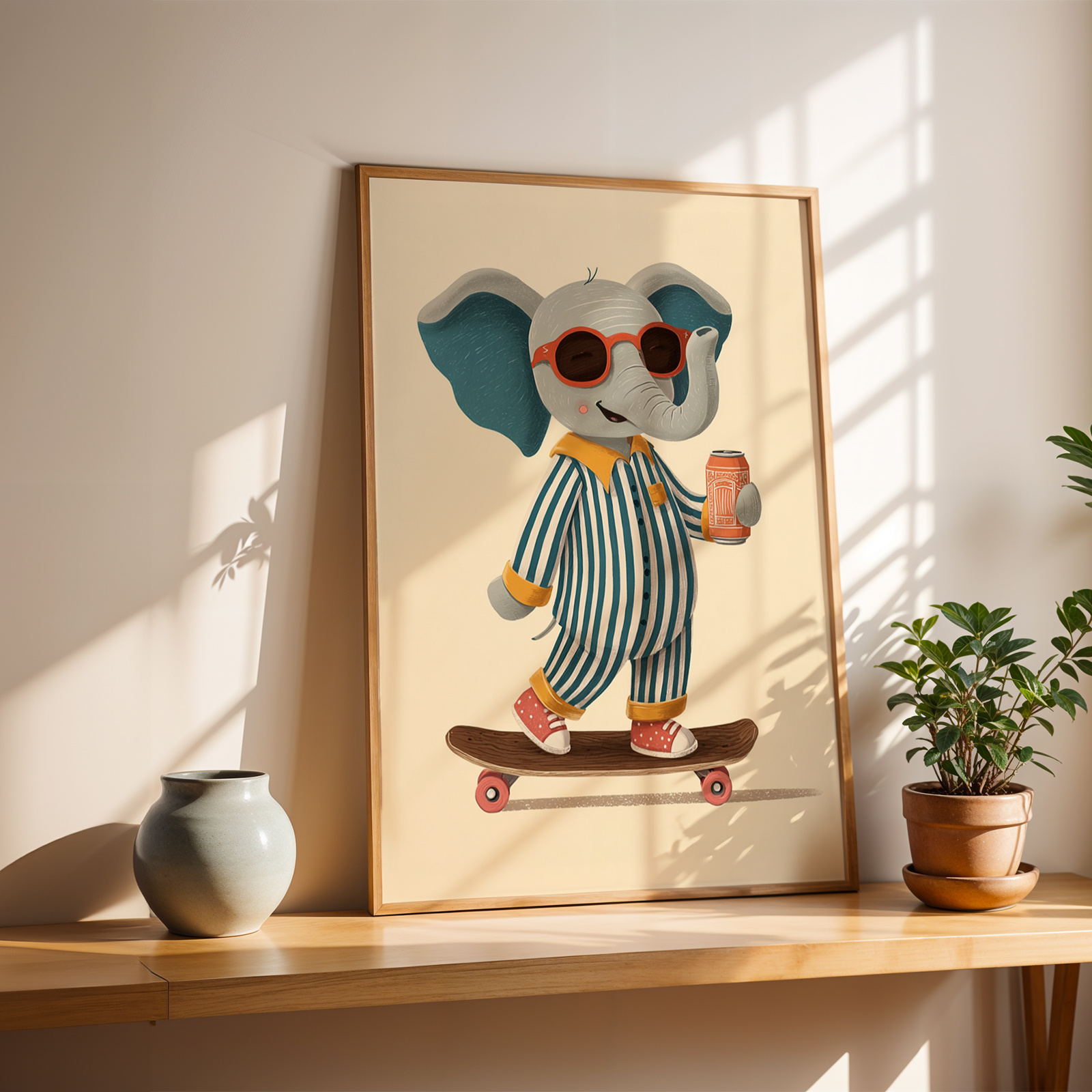 TEMU 2d Flat, 2d Flat, 1pc Wall Decoration, A Retro Poster Featuring A Elephant On A Skateboard, Perfect For Enhancing The Decor Of A Living Room Or
