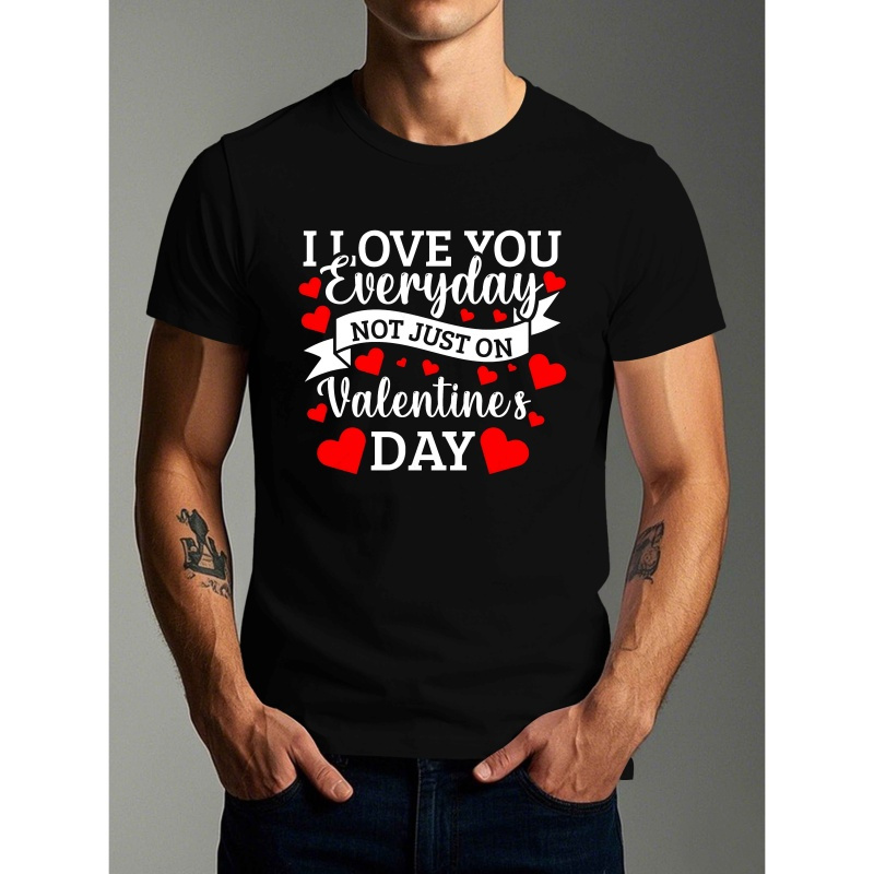 

T-Shirt Homme pour la Saint-Valentin - "Je t'aime " Imprimé Géométrique, Col Rond Décontracté à Manches Courtes, 100% Polyester, Lavable en Machine, Haut d'Été avec Accents de Cœur