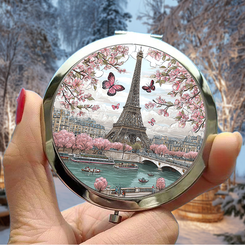 TEMU Eiffel avec Cerisiers en - de Maquillage Compact et Portable Idéal pour , Cadeaux - Surface en Plastique, Cadre , de Bureau, Plat 2D