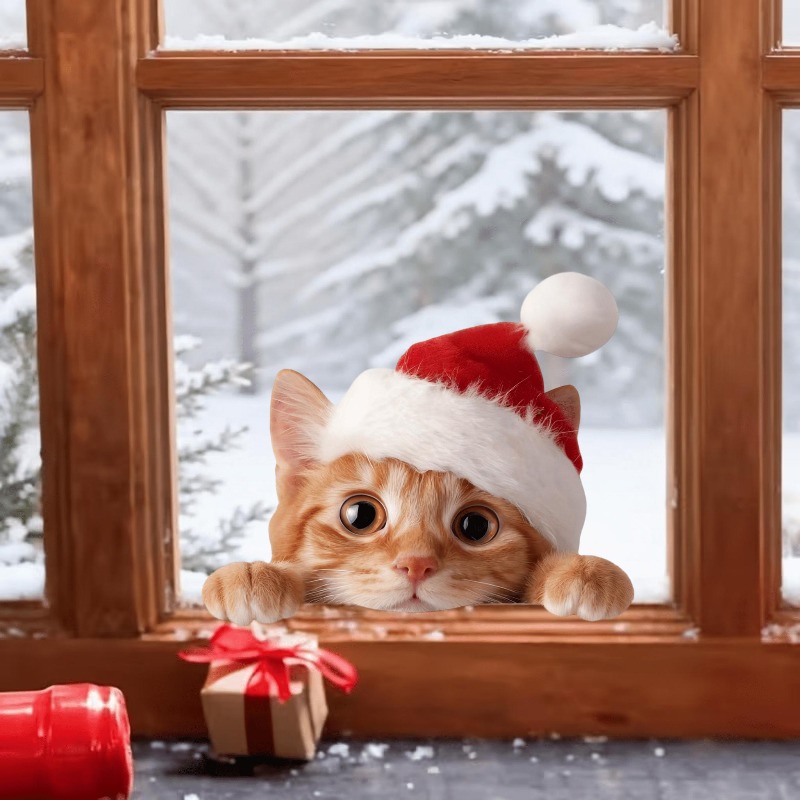 TEMU Christmas New 1pc Window Stickers, Christmas Kitten Cartoon Easy Outdoor Window Decoration Stickers Atmosphere Arrangement, Gift, Unique