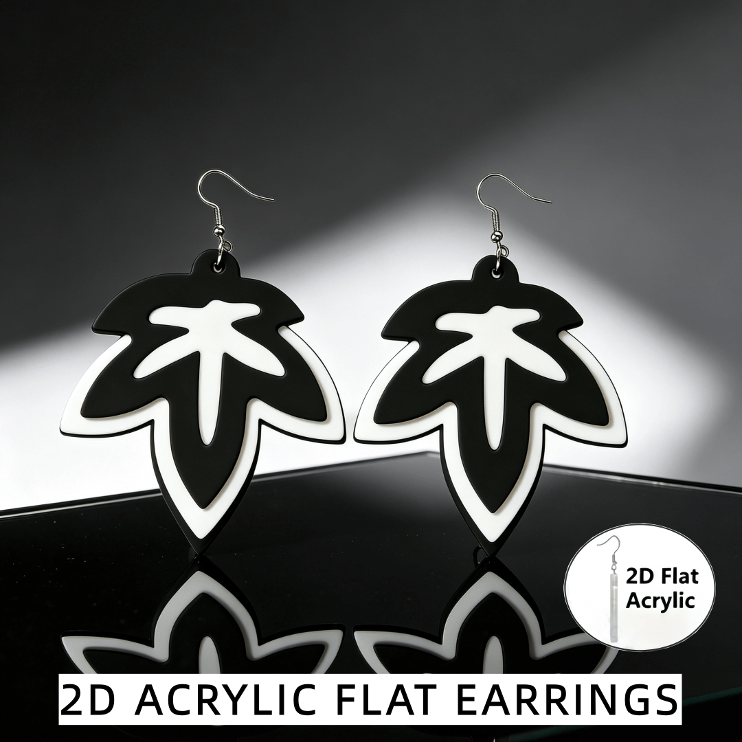 Unique 2D Flat Black and White Leaf Outline Dangle Earrings