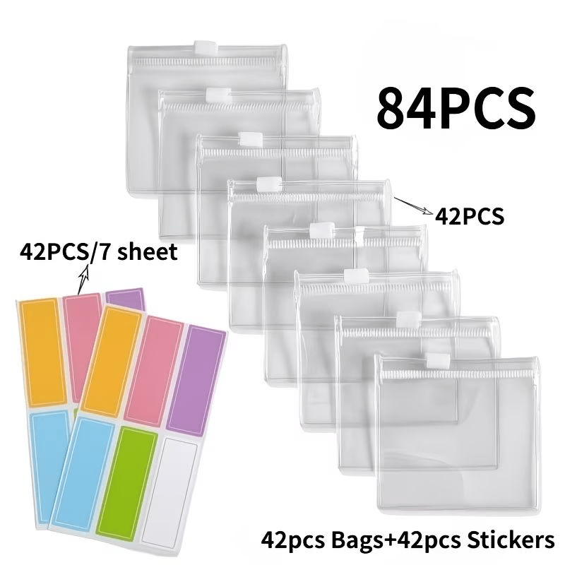 TEMU 84pcs Mini Practical Storage Bags And Stickers, Zipper Bag Set, Jewelry Storage Bags, Storage Bags And Travel Accessory Storage Bags Reusable,