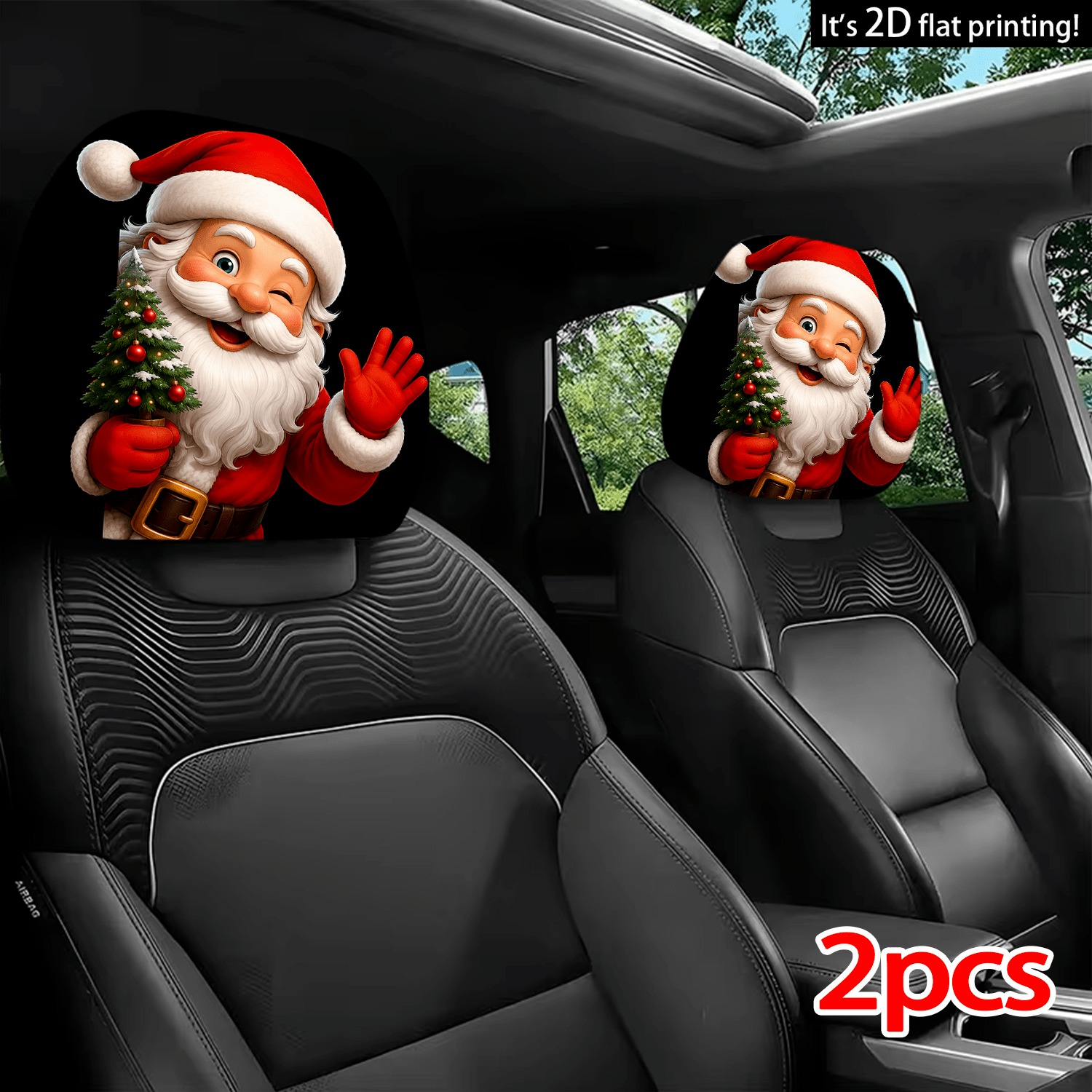 TEMU 2pcs Set Printed Pattern Car Headrest Covers, Universal Installation, For Interior Decoration, Cute Cartoon Santa Claus Holding Christmas Tree