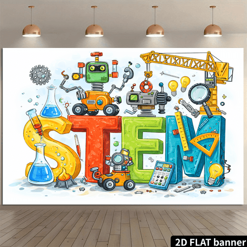 item picture a 2d flat stem cartoon technology backdrop featuring colorful letter robots decorated with gears light bulbs magnifying glasses and measuring tools made from durable polyester