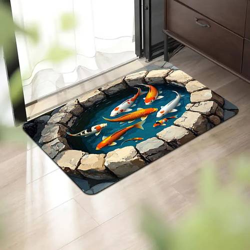 single piece 3d themed doormat features a non slip ultra soft flannel fabric absorbent and machine washable polyester floor mat with koi designs ideal for in bathrooms bedrooms and living rooms