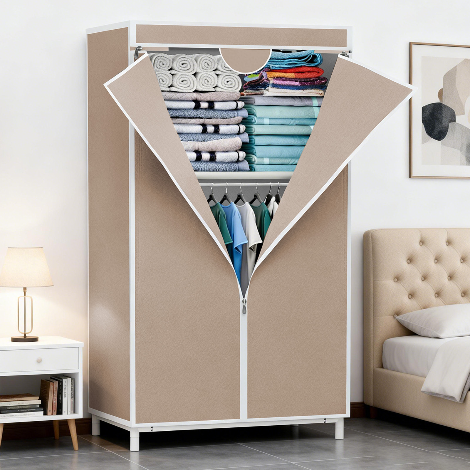 TEMU Portable Wardrobe With Hanging & Folding Sections, T-zipper Dust , Setup For Bedroom, Apartment, Dorm & Tiny Home, Portable Closets