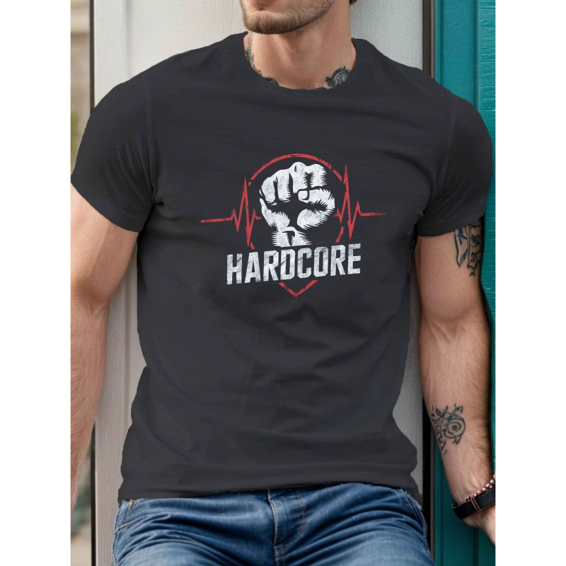 

Men's Hardcore Graphic T-shirt - Clenched & Heartbeat Design, Casual Short Sleeve Crewneck, Polyester, Summer Wear