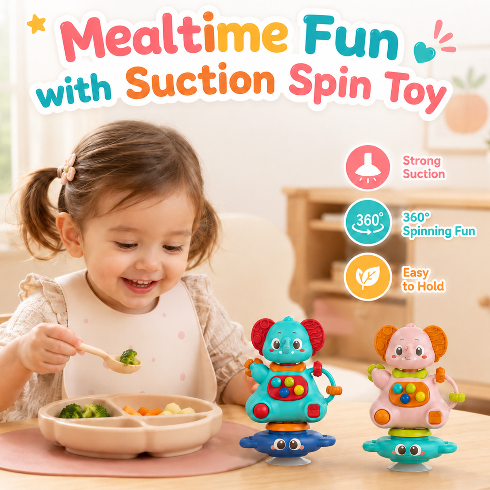 Multi-functional Elephant Suction Cup Toy with Whistle Function