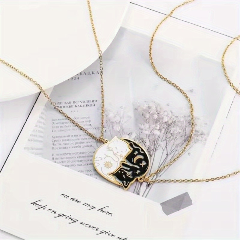 TEMU 2pcs And And Moon Cat Couple Necklace, Trendy And Unique European And , Creative And Cute Jewelry For Women, Fashionable Pendant Necklace