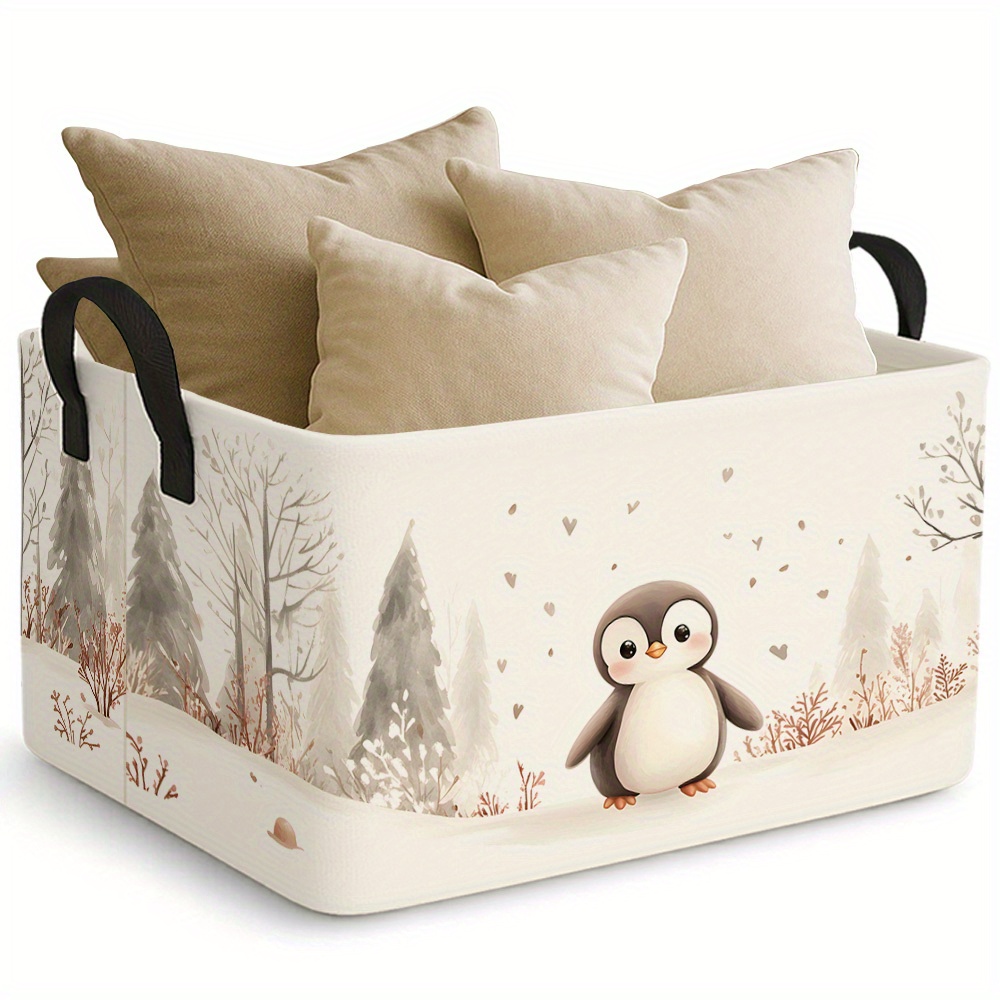 TEMU Ein großer, faltbarer Aufbewahrungskorb mit einem Winter-Pinguin-Wald-Design. Diese geräumige, offene Aufbewahrungsbox ist für Kleidung. Sie