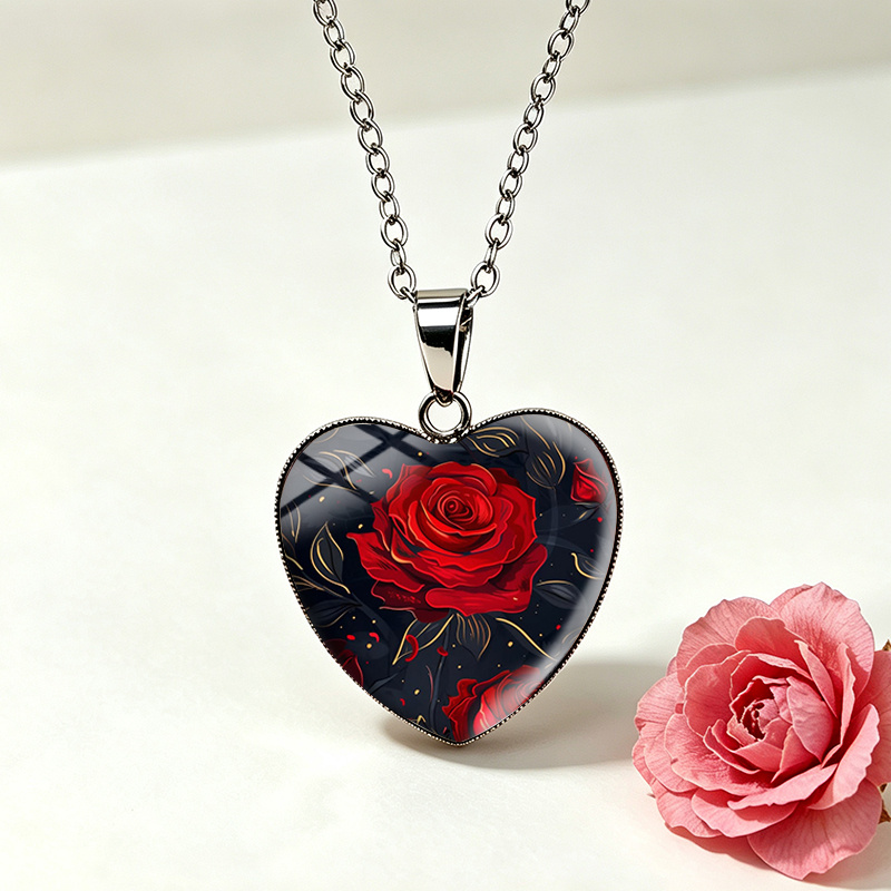 TEMU 1pc Collier Cœur Pendentif Cabochon de Cœur avec Chaîne en Acier Inoxydable Bijoux Unisexe pour Hommes et Femmes