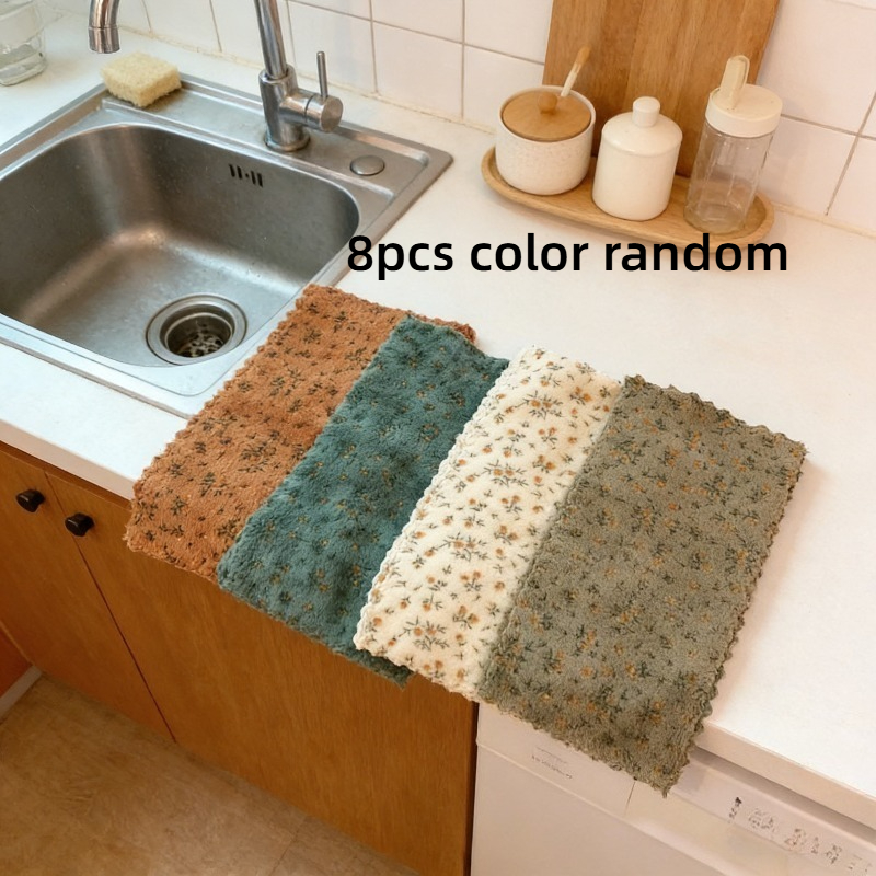 TEMU 8pcs Random Colors Flower Dishwashing Towels, Quick Drying Cleaning Cloth, Thickened And Widened Kitchen Towels, Soft And Breathable, Suitable