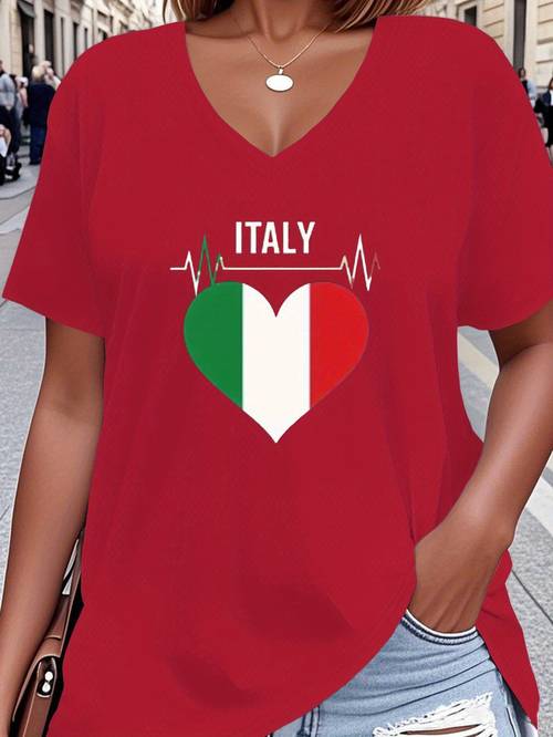 item picture womens heart graphic v neck t shirt large ecg black short sleeve tee casual sporty style fit italian tshirt