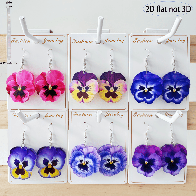 TEMU 2d Flat, 6 Pairs Bohemian Style Women's Earrings, Suitable As Birthstone Gift, Multicolor Gradient Violet Flower Pendant Earrings, With Layered