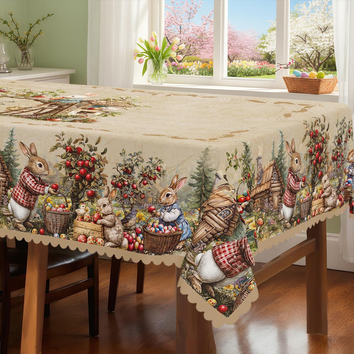 TEMU 1pc, Easter Theme Party Tablecloth In Various Sizes, Spring Summer Rabbit Hedgehog Egg Country Style Printed Design, Rectangular Tablecloth,