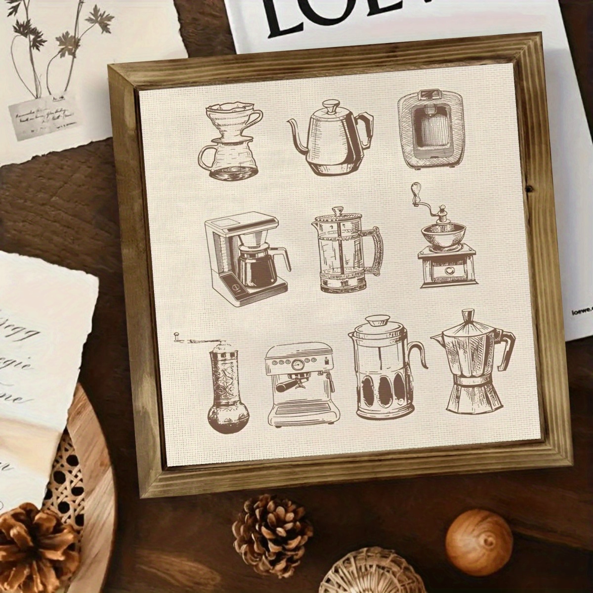 TEMU 1pc 8x8 Inch Artificial Wood Framed Artwork - Vintage Coffee-themed Inspirational Wall & Tabletop Decor With , Espresso Machine & Grinder
