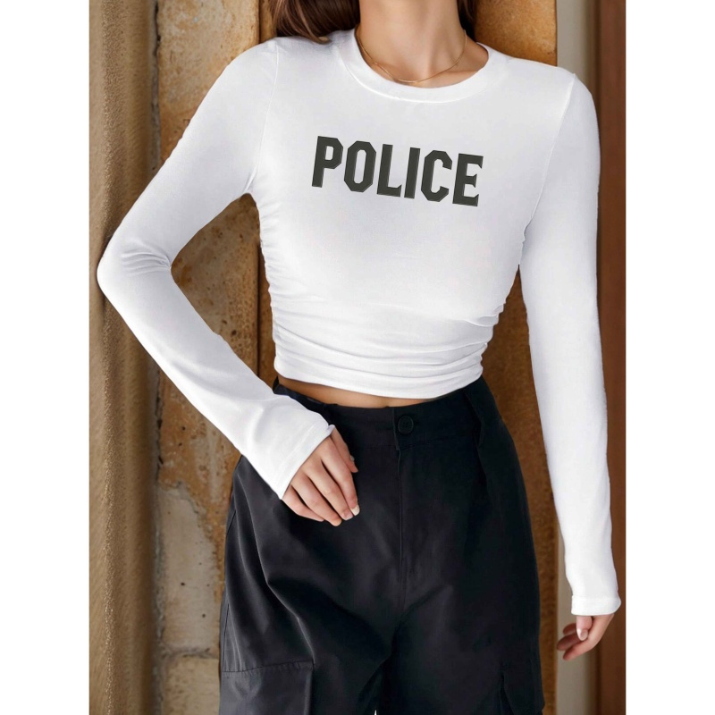 

Y2k-inspired Women's Long Sleeve Tee With 'police' Lettering - Stretchy Polyester & Spandex , Crew Neck, Machine Washable