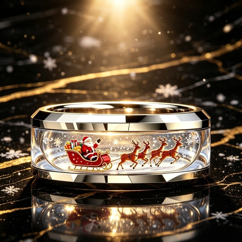 TEMU 304l Stainless Steel Ring, Featuring An Inlaid Design Of Santa Claus Sitting On A Sleigh Full Of Gifts With Running Reindeer, Warm Winter