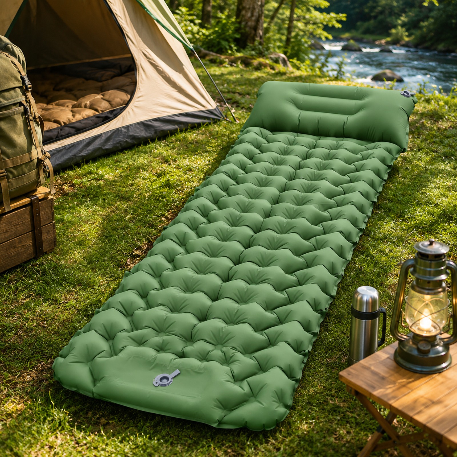 Image of Inflatable Camping Sleeping Pad With Built-in Foot Pump, Cell Tpu Camping Mat, Lightweight Portable Outdoor Inflatable Sleeping Pad For Backpacking Hiking Tent Travel