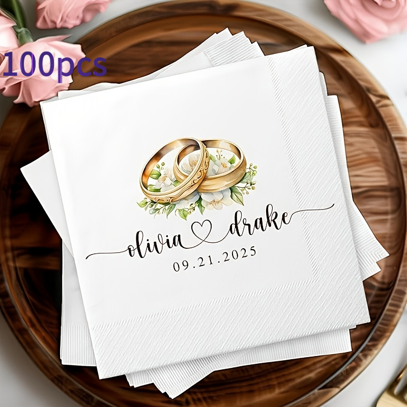 TEMU Personalized Wedding Napkins Measuring 4.53 Inches, Featuring Customizable Names And Dates Of The Couple, With A Romantic Ring Design - Perfect