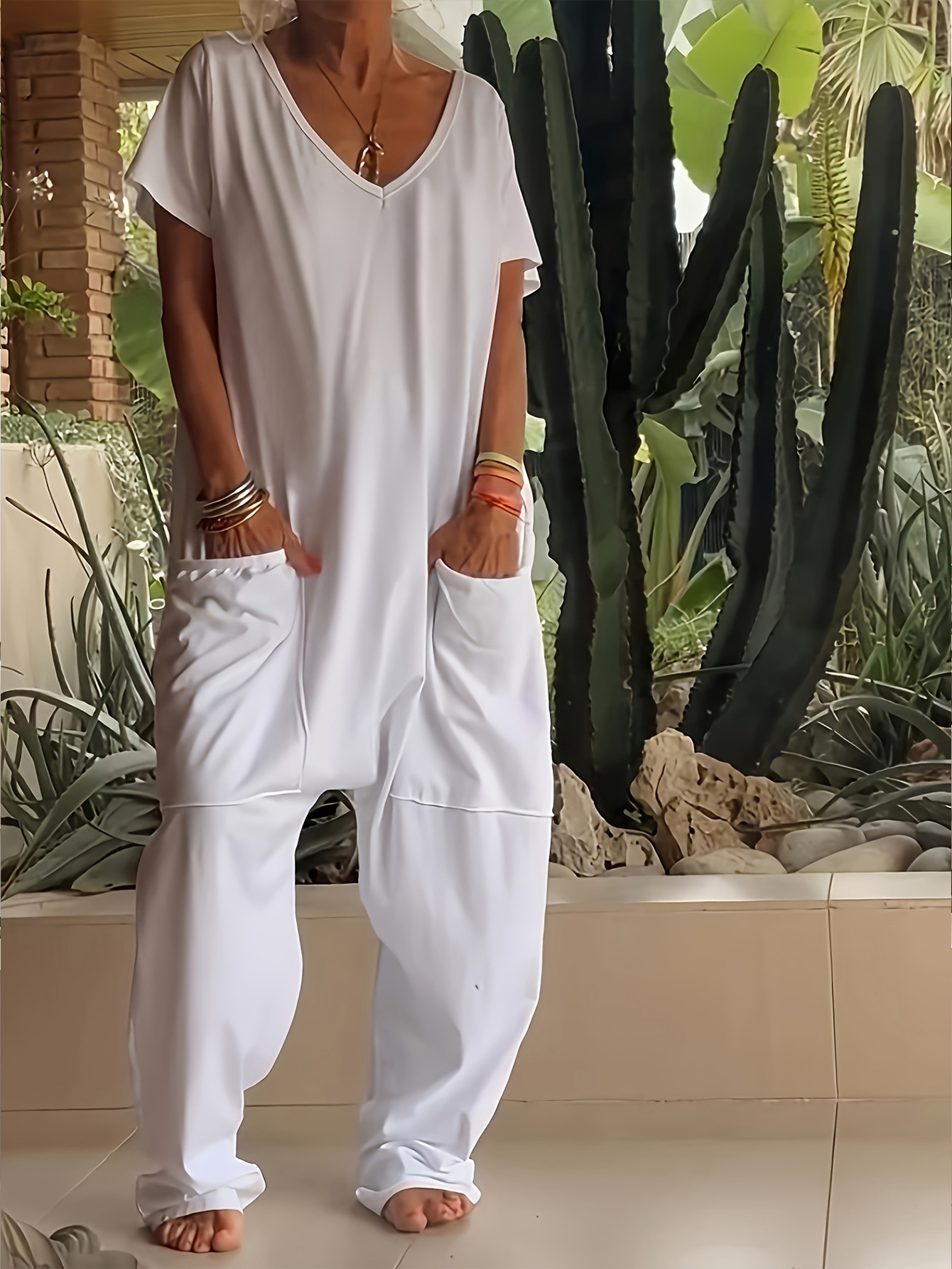 casual loose v neck short sleeve jumpsuit for women in solid color featuring side pockets
